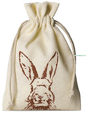 | 5 Baumwollsäckchen mit Hasenmotiv u. Baumwollkordel, Größe 20x12 cm, Baumwollbeutel, Geschenkbeutel zu Ostern (creme/braun)