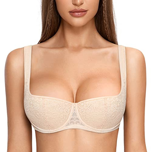 DOBREVA Women's Balconette Bra Sexy Lace Demi Underwire Shelf Plus Size Lightly Padded Wide Straps Beige 38G
