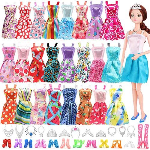 32 Pcs Puppe Kleidung Outfit für Barbie Puppe, 11.5 Zoll Puppe Zubehör Sammlung mit 16 Kleider+6 Schmuck Zubehör+10 Schuhe (zufälliger Stil)