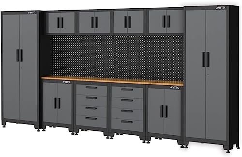 VITO Männerküche - Werkstatteinrichtung Set mit Schubladen 16-TLG ca. 395 x 50 x 200 cm, Garage Werkstatteinrichtung, Werkbank, Werkzeugschrank, Werkbank mit Holzarbeitsplatte - (VIAGCSET)