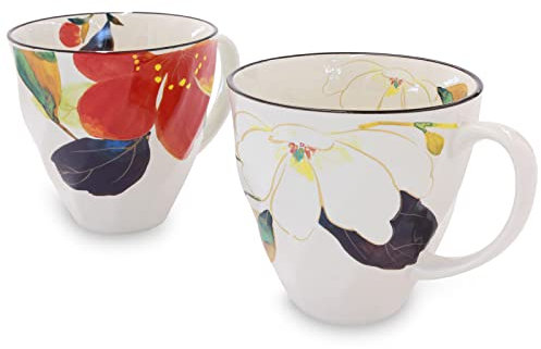 Mino Ware Floral Mug Cup Set, 9,1 cm, Red Sasanqua, White Magnolia, Japanese Ceramic Coffee Mug, 6,8 Floz Set of 2