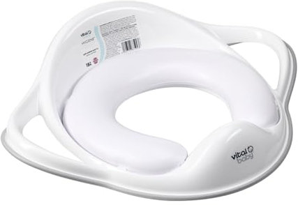 Vital Baby Perfectly Simple Trainer Seat, Everyday Basic Toilet Training Seat for Toddlers, Soft Padded Seat and Handles for Ultimate Comfort, Lightweight & Portable, 18m+, White/Grey