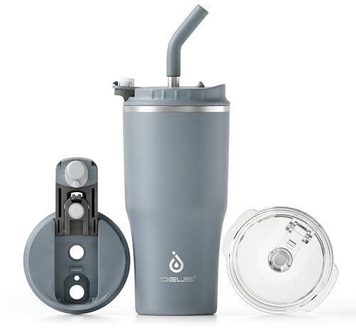 IDEUS Vaso térmico de 540 ml, de doble pared, de acero inoxidable, con tapa a prueba de fugas y paja, adecuado para bebidas calientes y frías (gris clásico)