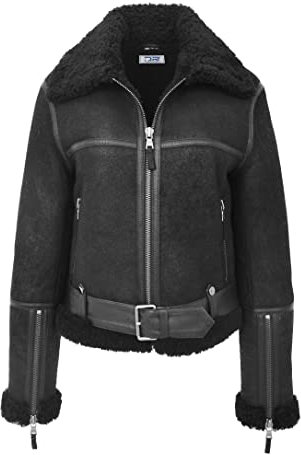 DR228 Damen Retro Schaffell Lederjacke Kurz Schwarz, Schwarz, 42