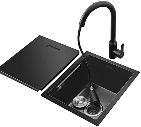 Fregadero De Barra Negro con Tapa Fregadero De Una Cubeta Fregadero De Encastre Fregadero Bajo Encimera Grifo Extraíble Accesorios Completos (S : 38x30x21.5cm)