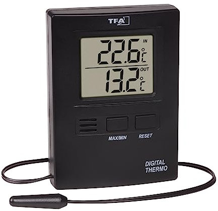 TFA Dostmann Termometro digitale per interni ed esterni, 30.1012.01, sensore per cavi impermeabile, valori massimi e minimi, temperatura interna ed esterna, Amazon Exclusiv, altezza 8,5 cm, nero