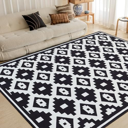 OMERA Großer In-& Outdoor Teppich - Wetterfest, 180X270CM, Schwarz-Weiß, Waschbar, Modern, Rutschfest