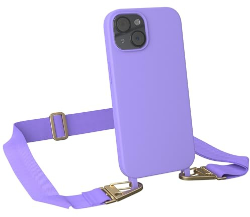 EAZY CASE - Hülle mit Band kompatibel mit iPhone 15 Handyhülle mit Umhängeband Silikonhülle Schwarz Handykette zum Umhängen Handykordel Schutzhülle für Smartphone in Lavendel Lila - Clips Gold