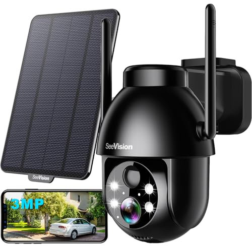SeeVision Solar Security Cameras Wireless Outdoor, 2K Battery Powered PTZ WiFi 3MP Indoor Camera for Home with Spotlight, PIR Motion Detection, Siren, Color Night Vision, 2-Way Talk, SD/Cloud Storage