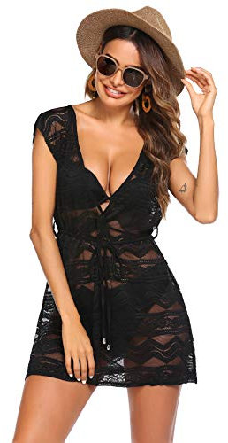AI'MAGE Damen Spizte Strandkleid Boho Weben Einzigartig Bikini Cover Up Sommerkleid Strandkleid Sexy Peros Schwarz Welle L