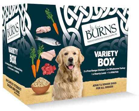 Burns Pet Nutrition Natural Wet Dog Food For Adult and Senior Dogs – 6 x 395 g Variety Box (2 x Free-range chicken, 2 x Hearty Lamb, 1 x Free-range Turkey, 1 x Wild Fish)