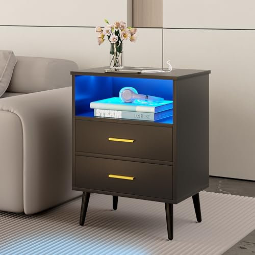 LVSOMT Nachttisch mit Beleuchtung LED, Nachttische mit ladefunktion USB & Type-C, Modern Nachtschrank Holz mit 2 Schubladen für Schlafzimmer, Beistelltisch Sofatisch für Wohnzimmer (Schwarz)