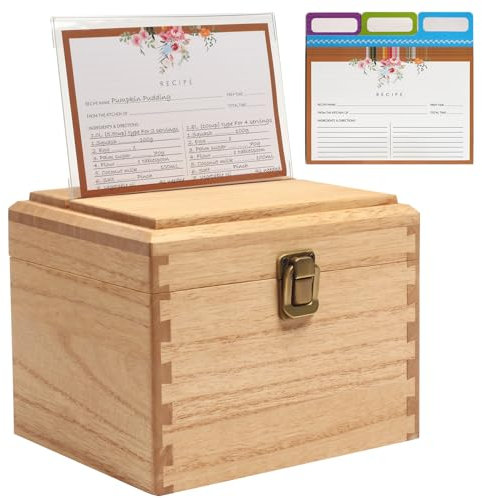 KIRIGEN Recetario de Madera con Tarjetas y Divisores Recetario de Madera Protector de Tarjetas de Recetas Recetario con 100 Tarjetas y 12 Divisores color natural