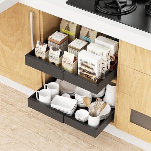 CSTDE Pull Out Cabinet Organiser, Extendable Slide Out Drawers for Kitchen Cabinets, No Drill Pull Out Shelf Adjustable Width 31.5cm to 52cm with 3 Rails, 42cm Depth, 1 Pack