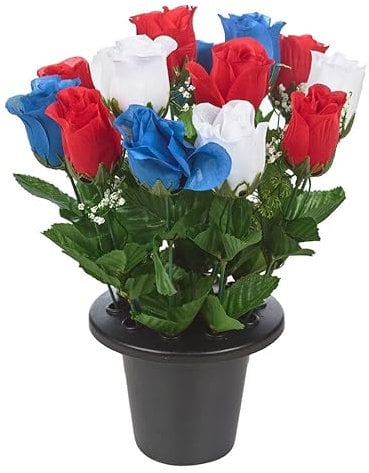 URBNLIVING Memorial Remembrance Cemetery Grave Pots Artificial Rose Flower in Black Planter Multicolored Mini Flowerpots