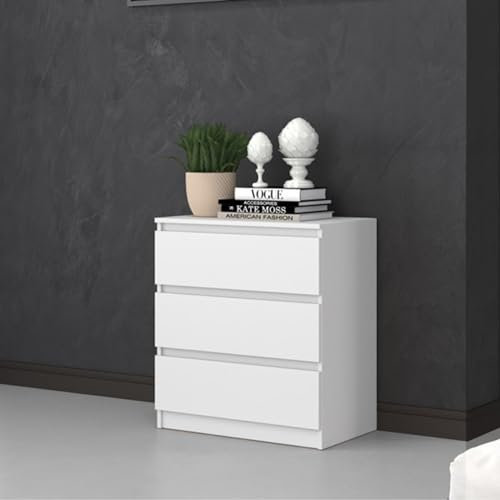 Home Collective Kommode weiß mit DREI Schubladen, Schlafzimmer Flur Kleiner Nachttisch, Schrank, Sideboard, Highboard, Breite 70 cm Höhe 75cm
