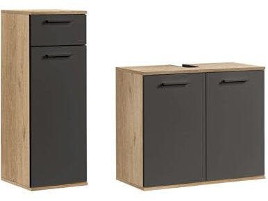 mokebo® Badmöbel Set 2-teilig aus Holz 'Der Steuermann', Badezimmer Set oder Komplettset mit Waschbeckenunterschrank und Bad-Beistellschrank, auch als Badmöbel Garnitur in Eiche-Schwarz