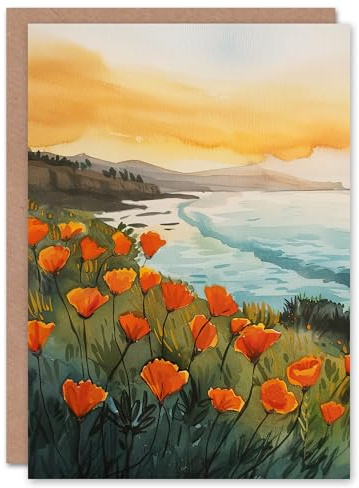 Artery8 Greeting Card Shoreline California Poppies Floral Watercolour For Her Woman Birthday Card