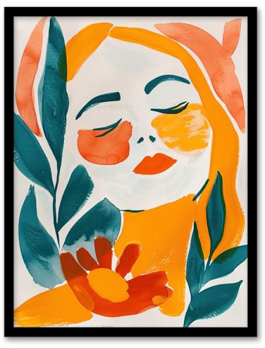 Artery8 Abstract Floral Female Portrait Orange Teal Boho Living Room Artwork Framed Wall Art Print A4