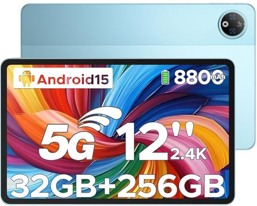 DOOGEE V Pad 5G Tablet 12 Pollici Dimensity 7050, 32 (8+24) GB RAM + 256GB ROM, 2.4K IPS 90Hz, 7.0mm Tablet con Sim Android 15, 5G NR + WiFi6 / 8800mAh 18W/ 13MP+8MP/ Sblocco Facciale/Blu