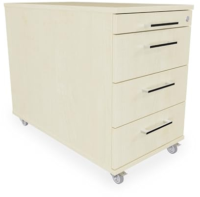 Eigentlich Rollcontainer 80 cm tief, 3 Schubladen und Materialauszug, Rollschrank B43xT80xH65 cm abschließbar, Schreibtischunterschrank versch. Farben (Ahorn)