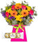 Bright and Colourful Fresh Flower Bouquet & Hazelnut Chocolate Balls in Presentation Vase | Pink Roses, Germinis, Chrysanths & Greenery | Pink Card Vase and Green Ribbon | AMFL001+FERREROROCHER