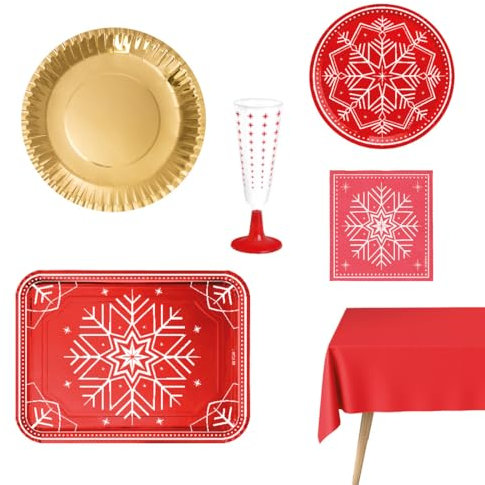 MAXI PRODUCTS - Kit 12 Personas - Decoración Navidad Winter Rojo - Pack 78 uds - Temática Navideña - Vajillas Completas Navidad - Diseño Único