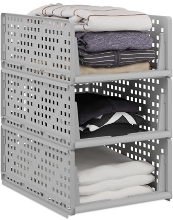 Relaxdays Schrank Organizer 3er Set, Kunststoff, Stecksystem, Bad, grau | stapelbare Kleiderschrank Aufbewahrungsboxen, 18 x 33,5 x 43,5 cm, ausziehbar