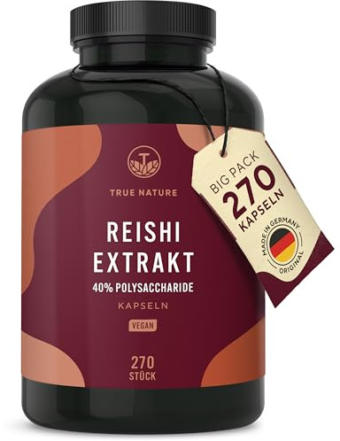 TRUE NATURE Reishi Kapseln - 270 Stück (670 mg) - Hochdosiert 20.100 mg/Tag | Extrakt - Reishi Pilz - Extrakt 40% Polysaccharide - 3 Monate Vorrat - Ganoderma lucidum - Vegan - deutsche Produktion