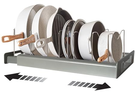 Fiyon Expandable Pan and Pot Lid Organiser Rack, Kitchen Cabinet Storage with Dividers, Adjustable Cookware Holder, Grey