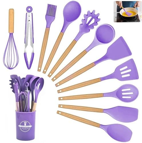 Kitchen Utensil Set, 12 PCS Silicone Cooking Utensils Set with Wooden Handle, Heat Resistant, Nonstick Cookware Tongs Spatula Spoon Set, Silicone Kitchen Utensils Set Suitable for Kitchen(Purple)