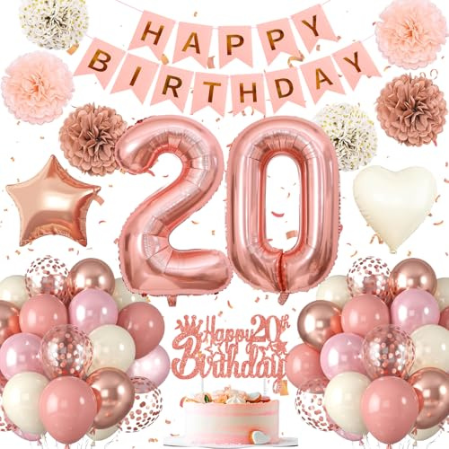 20.Geburtstag Dekoration,20 geburtstag Frau Rosa Rosegold,Geburtstagsdeko 20 jahre Frau,Luftballons 20.geburtstag Happy Birthday Girland Ballon 20 Deko zum Geburtstags,Geburtstagsdeko 20 Jahre