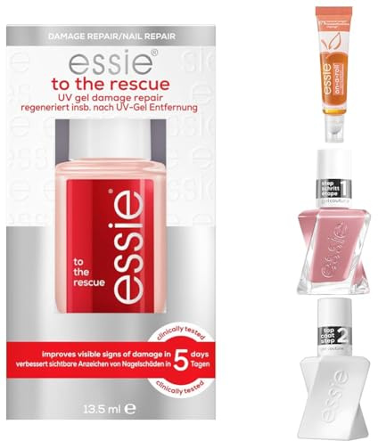 essie rundum Nagelroutine Set: essie To the rescue Nagelpflege, On a roll apricot nail und cuticle oil, Gel Couture Nagellack Princess Charming und Top Coat – für gepflegte und glänzende Nägel