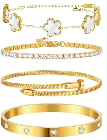 XFSRG 4 Stück Armband Damen Vierblättriges Kleeblatt Verstellbare Glücksarmband mit Cubic Zirkonia Mode Armreif Geschenk für Sie Frauen Freundin Mama(Weiß)