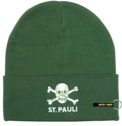 FC St. Pauli Mütze Oliv TK-Stick – Offizieller Fanartikel – grüne Strickmütze mit Totenkopf-Stickerei & umschlagbarer Krempe – 100% recyceltes Polyester