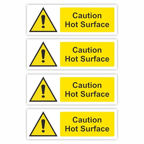 4-Pack Caution Hot Surface Self-Adhesive Signs / 5x15cm Each (Pack of 4) / Landscape Orientation Removable & Wipeable/Indoor or Outdoor Stickers/Gloss Finish/Hot Surface Warning Stickers