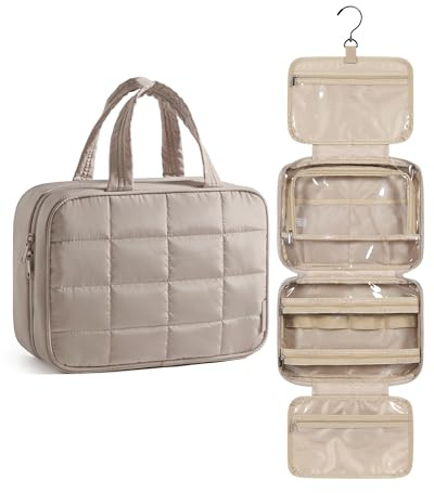 BAGSMART Kulturtasche Damen Reise Kulturbeutel zum Aufhängen Braun | Wasserdicht, Puffy, 28x72cm ausgerollt, Polyester, 360-Grad-Drehgelenk, Zwei-Wege-Reißverschlus, Waschbeutel für Reise