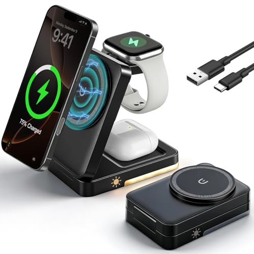 3 in 1 Magnetic Wireless Charger Station, Wireless Portable Charger 15W Fast Foldable Charging Stand Built-in Night Light Travel Magnetic Charger for iPhone17/16/15/14/13 for AirPods for Apple Watch