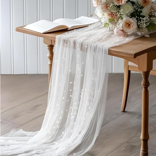 TIESOME Tischläufer Tüll mit Perlen, 80 x 300cm Weiß Tüll Spitzenstoff, Netz Tischband Küche Tisch Dekoration Tischdekoration für Hochzeit Brautparty Geburtstagsfeier Hochzeitsbogen