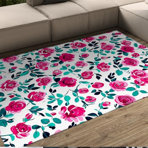 WEECHAINGE Floral Flowers Teppich 120x150cm Purple Rose Romantische Valentinstagsdekoration Wohnzimmerteppiche Weicher Teppiche mit Rutschfester Rückseite für das Schlafzimmer