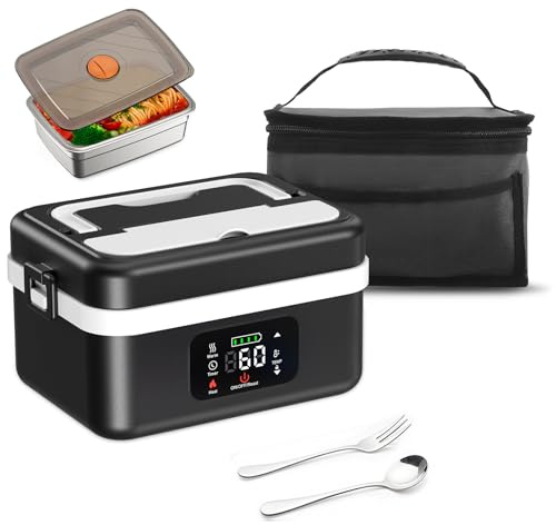 TLPEMN Fiambrera Electrica, 1L Inteligente Taper Electrico para Comida con Pantalla Táctil, Fiambrera Termica Portátil con Vajilla de Acero Inoxidable y Bolsa Aislante para Coche Oficina Viajes