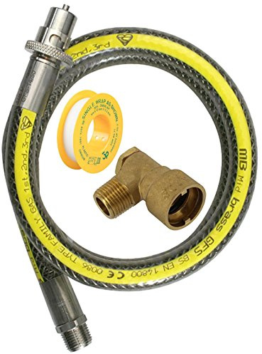 SPARES2GO Universal Oven Cooker Gas Supply Hose, PTFE Pipe Tape & Angled Connector (3ft 1/2 inch, Straight Bayonet, BS EN14800 CE)