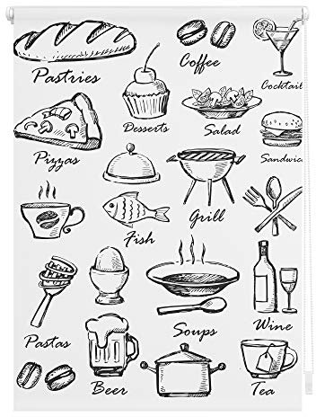 Lichtblick Klemmfix Tageslicht-Rollo mit Motiv, ohne Bohren, Blickdicht, Seitenzugrollo, Made in Germany, Menü - Schwarz Weiß 70 x 150 cm (B x L)