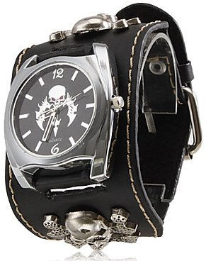FENKOO Unisex Punk Stil Totenkopf Muster Schwarz PU-Band Quarz-Armbanduhr
