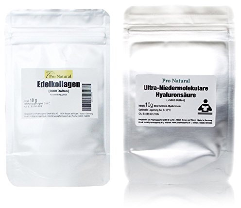 Hyaluron-säure-Kollagen-Mixtur-pulver 20 g besteht aus: 10g Hyaluron Säure Pulver + Edel Kollagen-pulver (10g) zum selbst herstellen hoch-dosierter-konzentrierter Hyaluron-säure-Creme-Gel-Serum