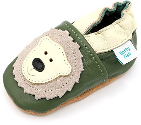 Dotty Fish Krabbelschuhe aus Leder – rutschfeste, weiche Sohle, Barfußgefühl, Lauflernschuhe & Babyschuhe für Jungen und Mädchen. Olivgrün und Creme Bär. 3-4 Jahre (27 EU)
