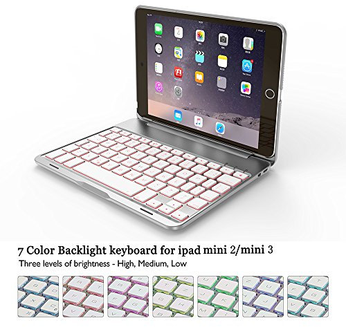 Elecguru iPad Mini 2 Case with Keyboard, Slim Aluminum Alloy Buttom iPad Mini 3 Wireless Bluetooth Keyboard Case Cover with 7 Color LED Backlight for iPad Mini 2,Mini 3 (Siliver)