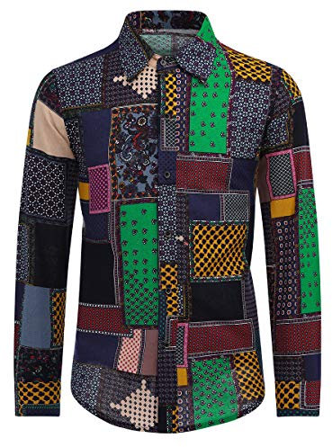 Allthemen Mens Dress Shirts Long Sleeve Funky Printed Linen Shirt Casual Shirt Fancy Floral Tops Unique Pattern, Patchworks, XXL