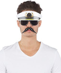 Mottoland Kapitän Brille mit Bart attrappe Karneval Offizier Schwarz getönt