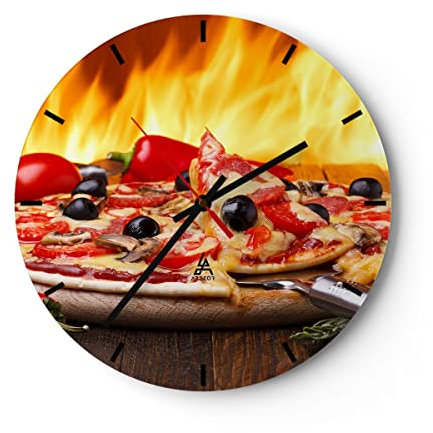 Modern Wanduhr Kuchen Backen Pizza Käse 30x30cm Rund Klein Wand Uhr Glas Analog Zimmeruhren Küche Büro Wohnzimmer Glasuhr Wall Clock Dekoration Design Wanddekoration Küchenuhr C3AR30x30-2406